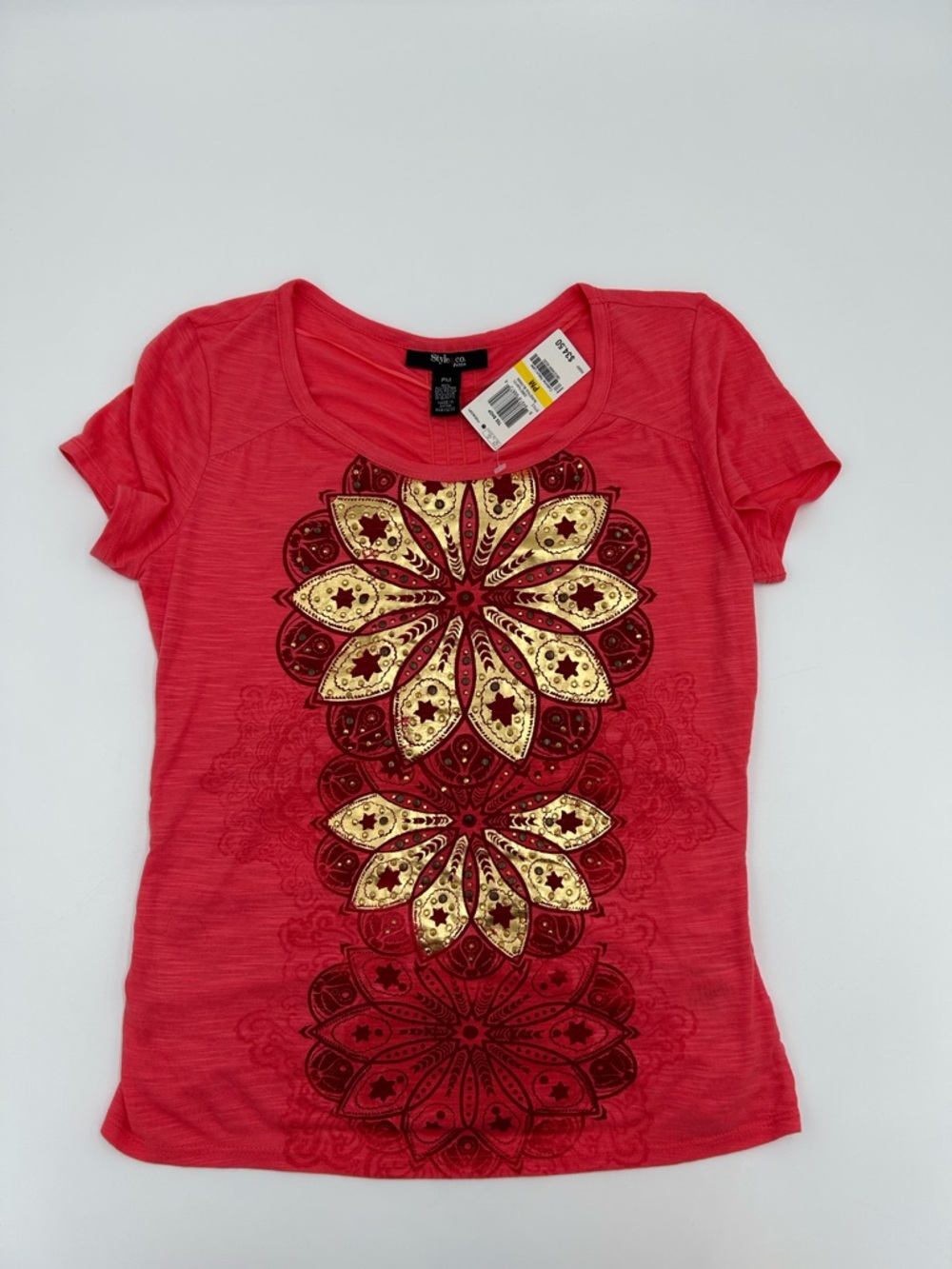 Style & Co. Coral Short-Sleeve Tee with Gold Medallion Print PM NWT